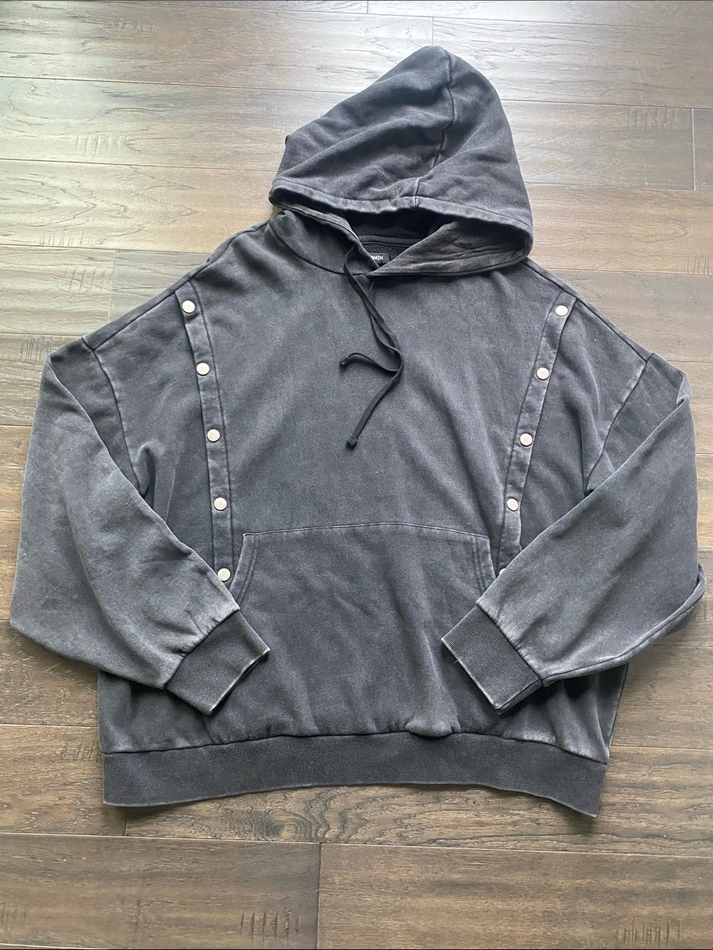 Fashion Nova Casual Black Hooded Pullover Snap Trim Mens Sz XXL Washed Black